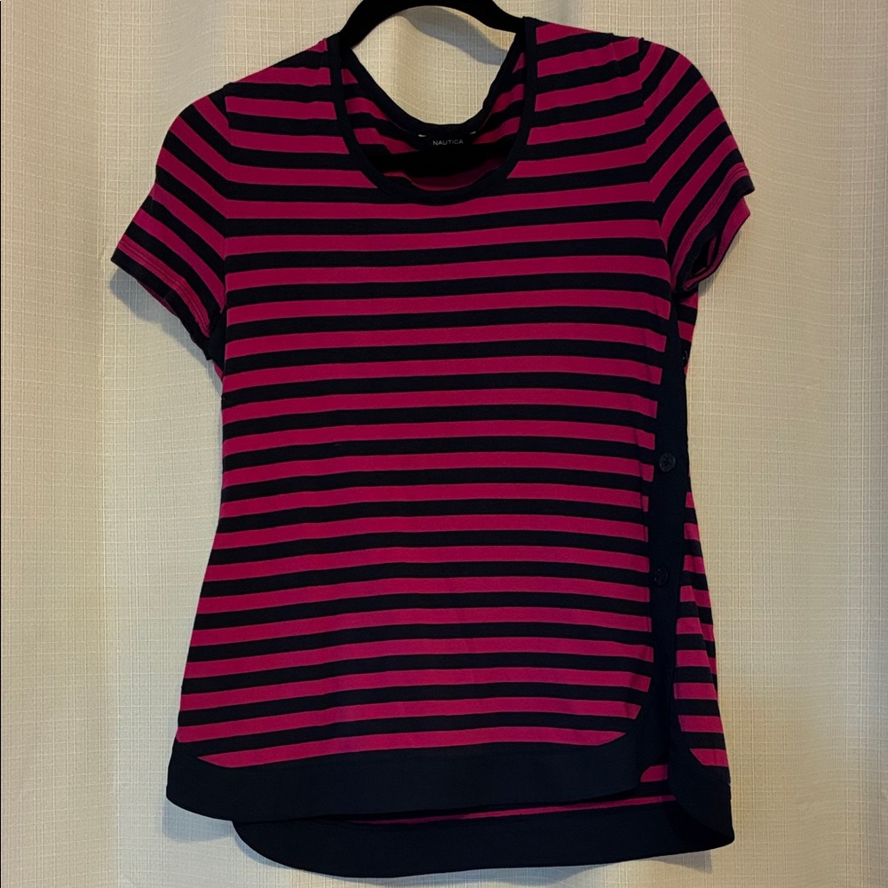 Nautica Short Sleeve Top - Pink and Black Stripes